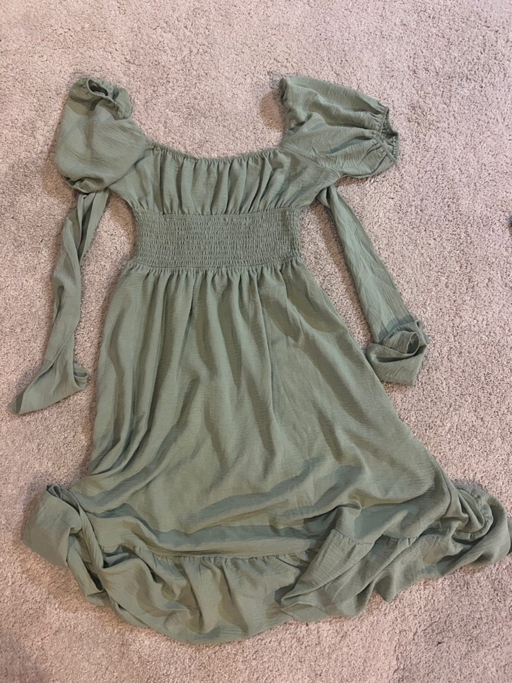 Smocked Puff-Sleeve Midi Dress in Sage Green